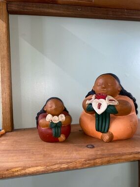 Handmade Ceramic Taino Girl Figurines with Flower Bouquets